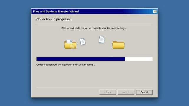 Computer operating system file transfer wizard window showing progress bar and folder icons on desktop