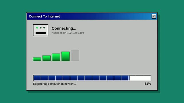 Retro operating system dialog window connecting to internet with progress bar and signal strength