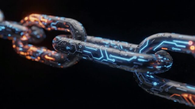 Digital blockchain chain link animation: glowing cybernetic network connection for cryptocurrency and fintech technology concepts