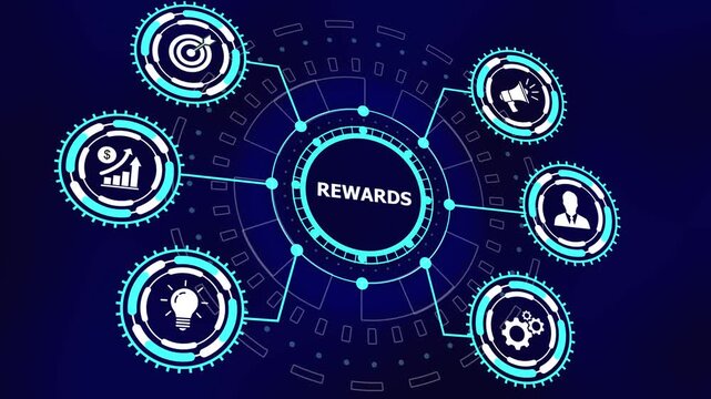 Digital rewards program infographic animation featuring glowing blue hud interface corporate loyalty gamification strategy, customer retention concepts, and business growth motion