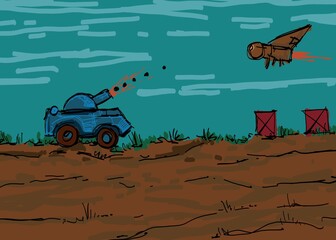 Sketch arcade game level. The picture is painted by hand on a tablet. © neurostructure