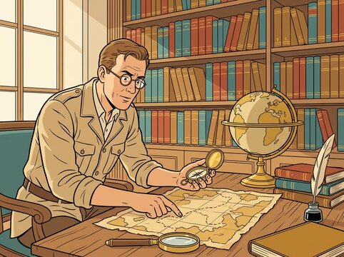Ligne claire illustration of adventurer cartographer studying maps in grand library, Tintin style clean line art