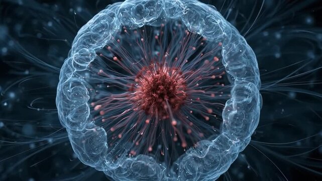 Abstract Cellular Structure: A mesmerizing, abstract depiction of a biological cell, with intricate patterns and glowing tendrils radiating from a central nucleus.