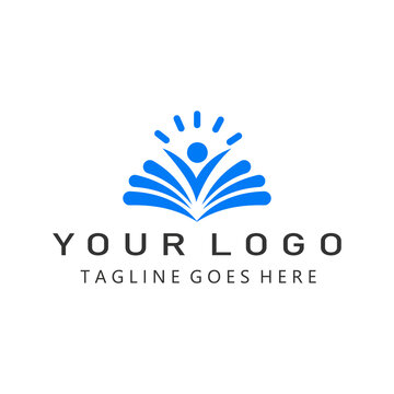 Inspiring blue rising person book logo featuring abstract human figure emerging from open pages with sun rays ideal for motivational programs educational workshops personal growth coaching