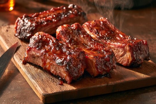 Tender boneless ribs brushed with barbecue glaze on a rustic cutting board