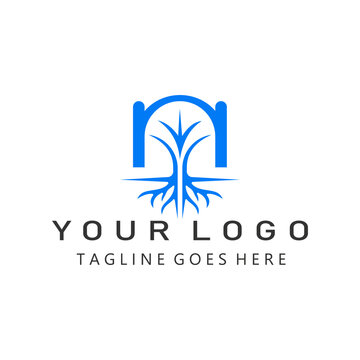 Creative blue abstract tree roots and bridge architectural structure logo symbol for sustainable community development environmental growth and construction industry branding for green foundations.