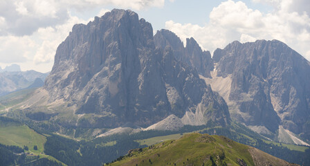 Obraz premium Idyllic mountain landscape in the Alps with blooming meadows, Alpe di Cisles, Seceda Ridgeline, Dolomiti , Pieralongia, Col Raiser