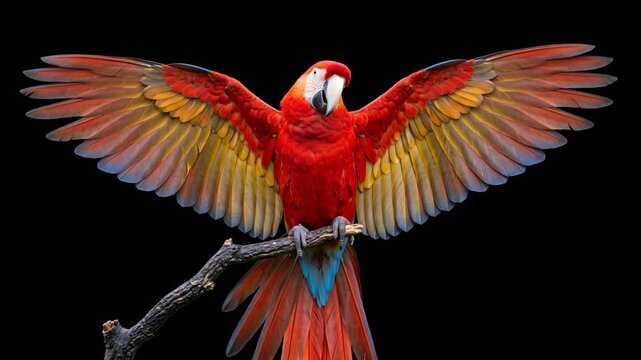 parrot with open wings perched on a branch close up isolated on black background video