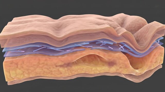 3D animation illustrating skin aging, showing gradual volume loss, collagen reduction, sagging tissue, and wrinkle formation, representing facial aging and changing skin structure, 4K video