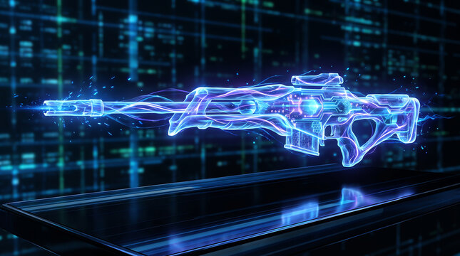 A detailed futuristic holographic rifle weapon display glowing with blue light in a digital environment