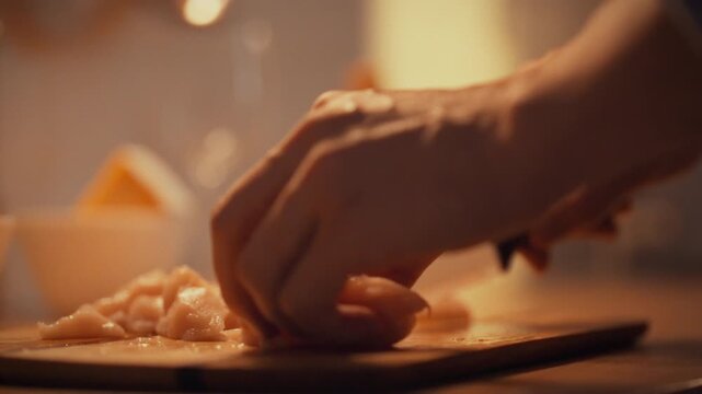 A man skillfully cuts a fresh chicken fillet on a clean cutting board in his home kitchen. He prepares a delicious roast for dinner, showcasing his cooking skills in a warm evening setting