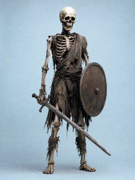 Undead Skeleton Warrior holding sword and wooden shield