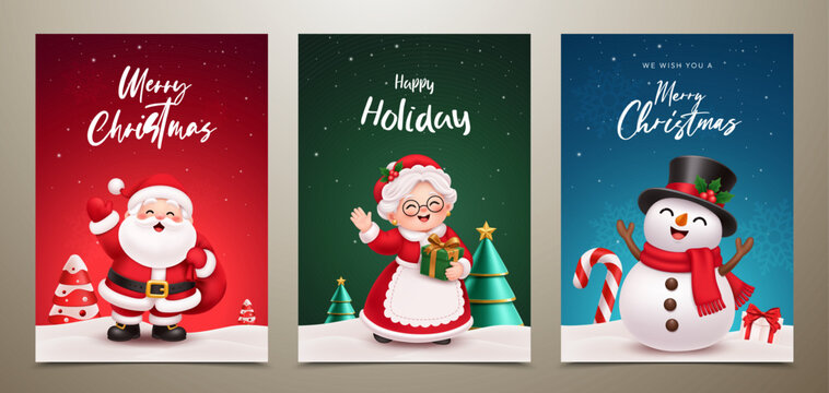 Christmas Poster Collection with Santa Claus, Mrs Claus and Snowman, Merry Christmas Holiday Greeting Templates