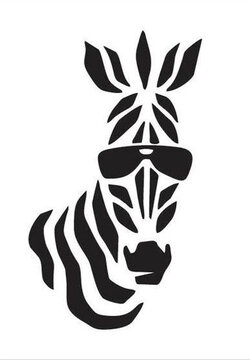 Minimalist black-and-white zebra head illustration made of geometric stripes, wearing sunglasses for a playful modern twist, using negative space in a stylish abstract design.