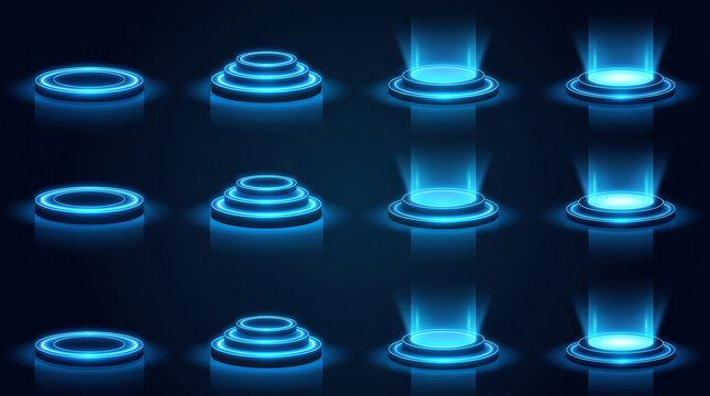 Set of futuristic holographic blue light portals and circular pedestals for sci fi game design