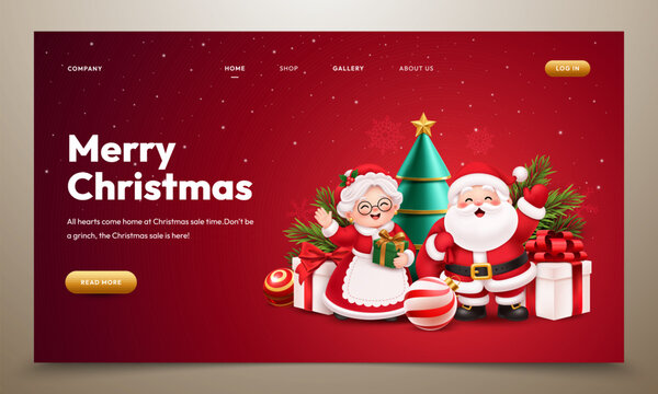 Christmas Landing Page Design with Santa Claus and Mrs Claus, Christmas Tree and Gifts, Holiday Website Hero Banner