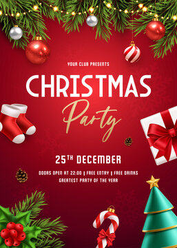 Christmas Party Invitation Poster with Holiday Decorations, Christmas Tree and Festive Ornaments, A4 Printable Template