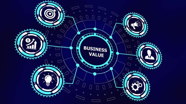 Dynamic business value infographic hud interface with animated digital for corporate strategy, financial growth, marketing optimization, and management solutions in a modern tech style