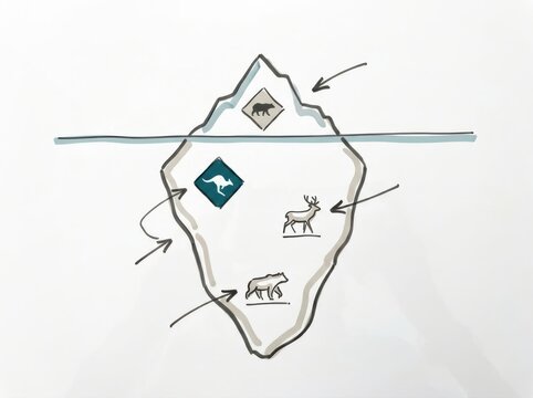 Iceberg model sketch with hidden layers and wildlife icons