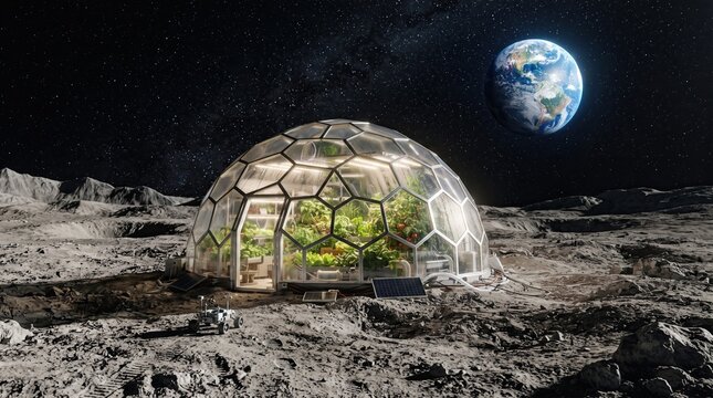 Futuristic Biodome Greenhouse on Moon Surface with View of Planet Earth in Outer Space