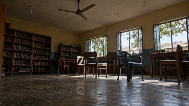 Wooden bookshelves filled with books stand against walls in a room with a ceiling fan, wooden chairs, and tables near open windows
