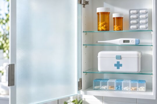 Organized Home Medicine Cabinet with Generic Healthcare Essentials and Copy Space