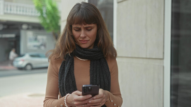 Woman holding smartphone with both hands, thumbs typing while standing by a building facade on a city street, wearing scarf and pearl bracelet; quiet concentration.