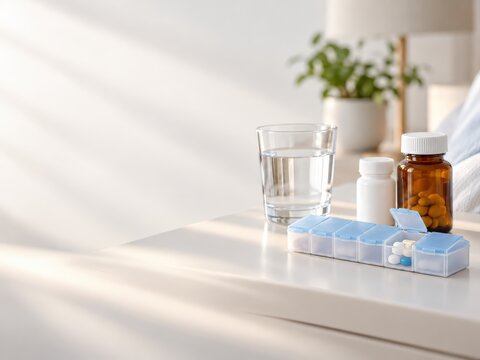 Weekly Pill Organizer with Medicine Bottles and Water on Bedside Surface
