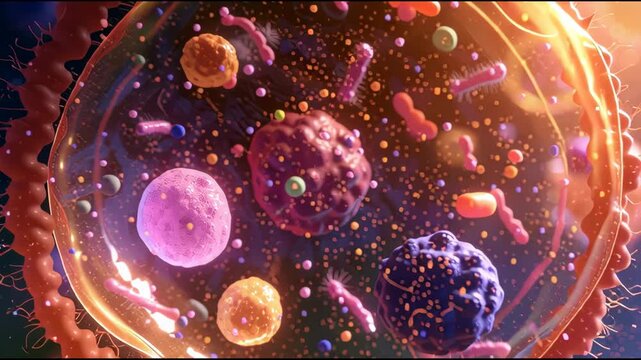 Observe the intricate interactions of cells and microorganisms in a lively environment full of color and activity.
