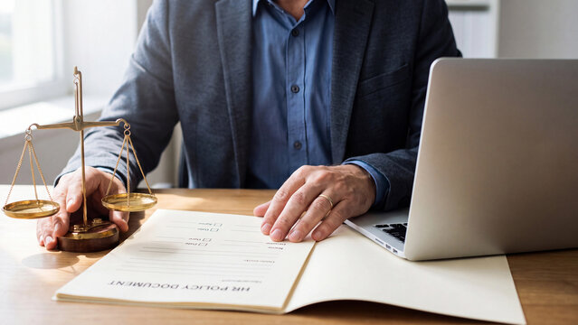 HR policy compliance and employment regulation concept, businessman checking HR policy document and contract agreement with laptop at office for legal workplace governance and employee ethics
