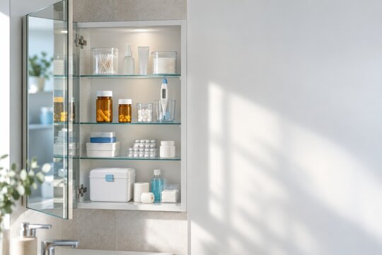 Open Reflective Medicine Cabinet Showing Clear and Organized Healthcare Storage