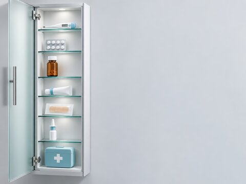 Minimal Vertical Medicine Cabinet with Seven Organized Healthcare Essentials
