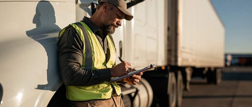Focused male logistics worker in hivis vest writes on clipboard beside semitrailer at golden hour. Perfect for supply chain, freight, transportation, and workforce campaigns.