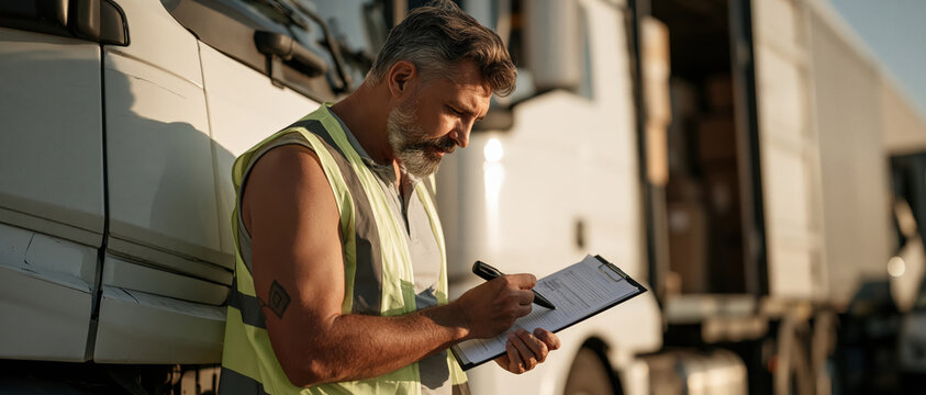 Experienced male truck driver in hivis vest checks clipboard paperwork beside a commercial freight truck. Ideal for logistics, supply chain, transport, and workforce campaigns.