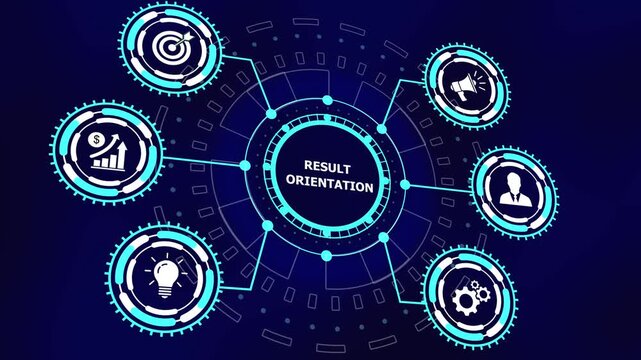 Dynamic result orientation business concept infographic with animated digital hud interface glowing blue tech circles, and corporate strategy for modern data presentation