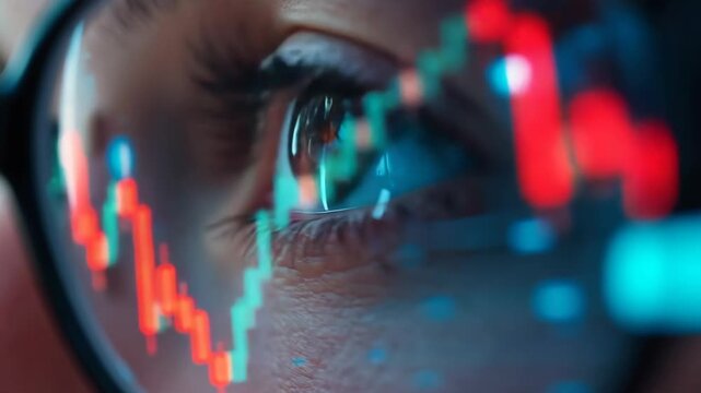 A close-up of an eye reflecting vibrant digital stock market data through glasses.. Fuel crisis, tense global situation, oil embargo