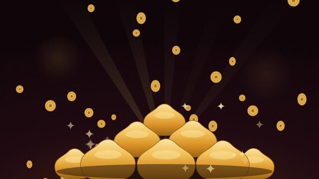 Shimmering gold ingots piled high with falling gold coins