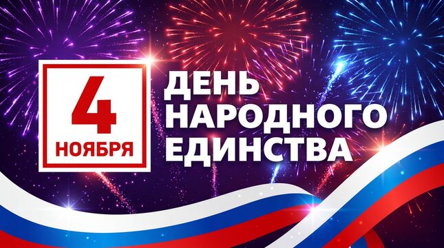 National Unity Day celebration banner with Russian flag colors and festive fireworks on a dark blue background