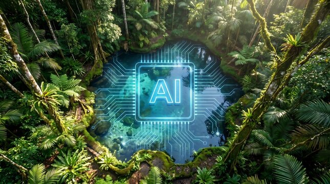 Glowing AI microchip hologram floating above a serene tropical forest