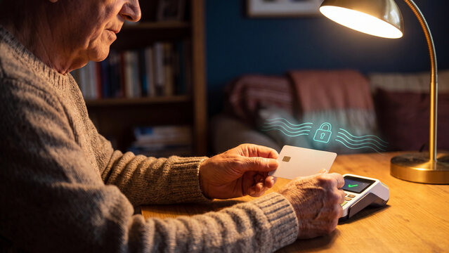 Senior contactless payment concept, elderly man tapping blank chip card on payment terminal at home with NFC padlock hologram for safe cashless transaction, banking security and fraud protection