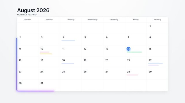 Monthly planner for August 2026 with color-coded events and notes
