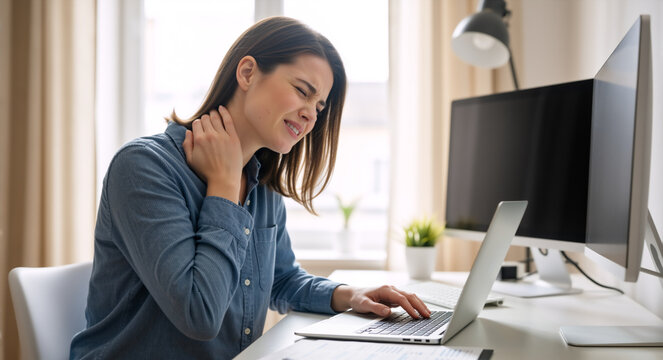 Stressed woman suffering from severe neck pain at desk. Female office worker experiencing muscle ache and poor ergonomics while using laptop