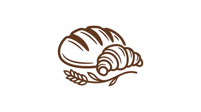 Line art illustration of fresh bread loaf and croissant with wheat stalk isolated on white background, ideal for bakery logo or icon.