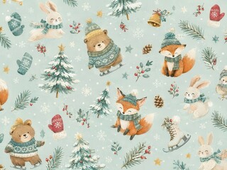 Fototapeta premium Whimsical woodland animals winter holiday seamless pattern