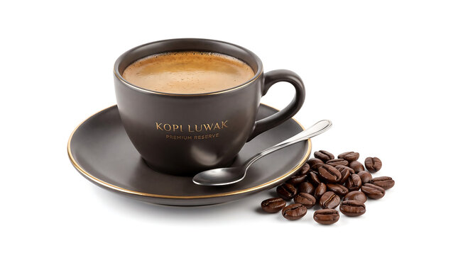 Aromatic Cup of Kopi Luwak Coffee with Beans on White Background