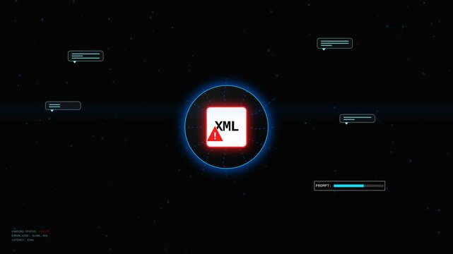 Futuristic digital interface with a red XML warning icon and data readouts, representing a critical coding error or software failure, ideal for cybersecurity and IT tech support visuals