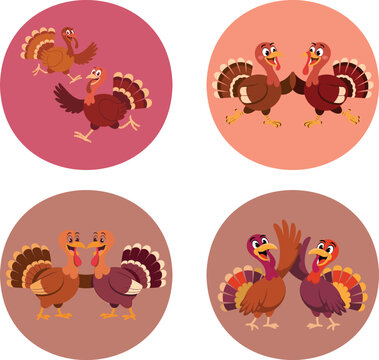 Set of four circular icons featuring cartoon turkeys in various poses, including running, high-fiving, and standing together in brown tones