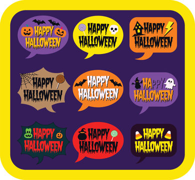 Set of nine colorful speech bubble stickers with happy halloween text, featuring pumpkins, bats, ghosts, skulls, and candy icons