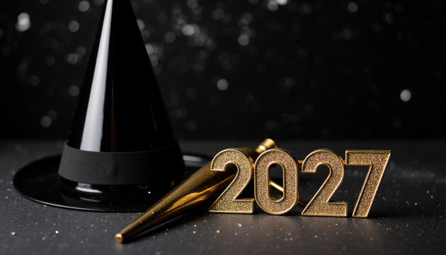 Golden 2027 glitter numbers with black party witch hat and gold blower on dark bokeh background, Happy New Year 2027 and Halloween party celebration concept.