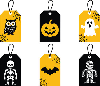 Set of six halloween gift tags with black and yellow icons, featuring owl, jack-o'-lantern, ghost, skeleton, bat, and mummy